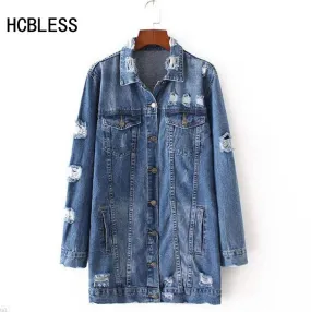 2017 Denim Jackets Women Hole Boyfriend Style Long Sleeve Vintage Jean jacket Denim jacket Loose Spring Autumn Denim Coat Jean