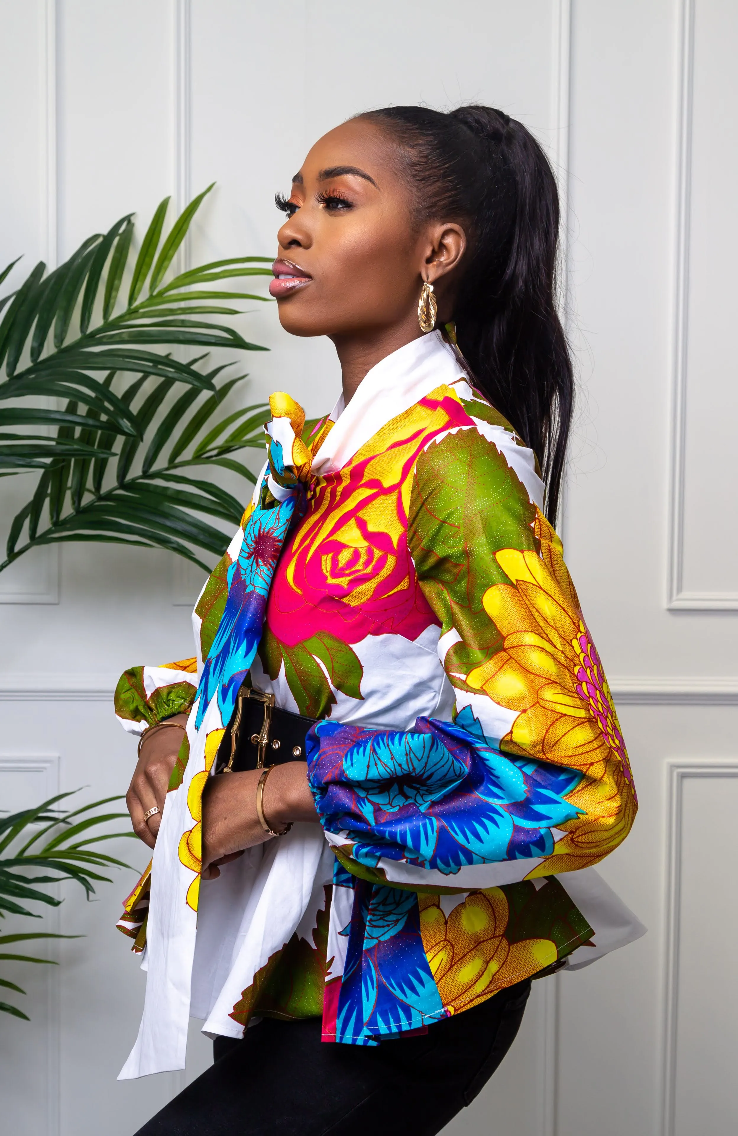 African Print Pussybow Peplum Blouse - THALIA