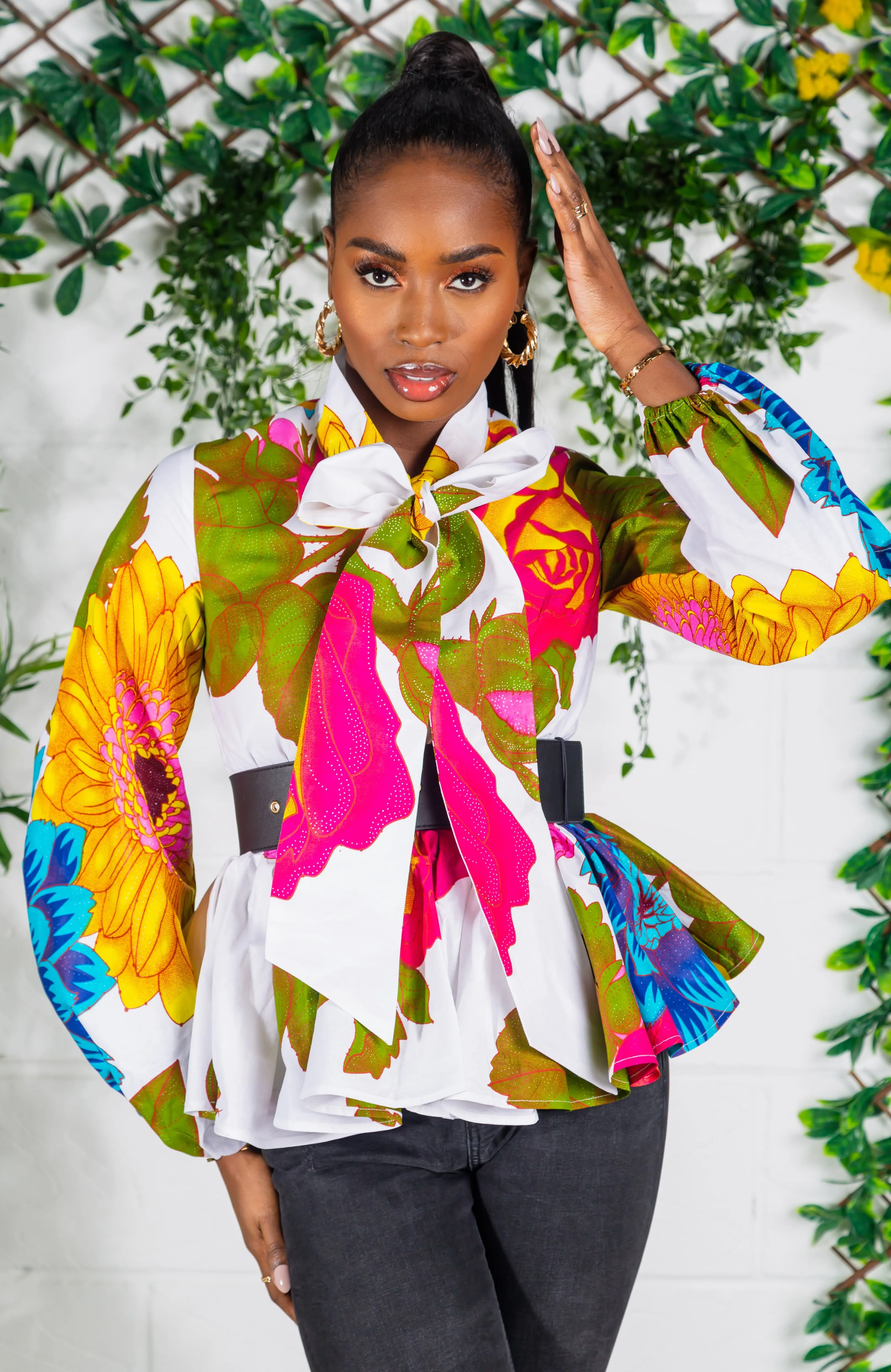 African Print Pussybow Peplum Blouse - THALIA