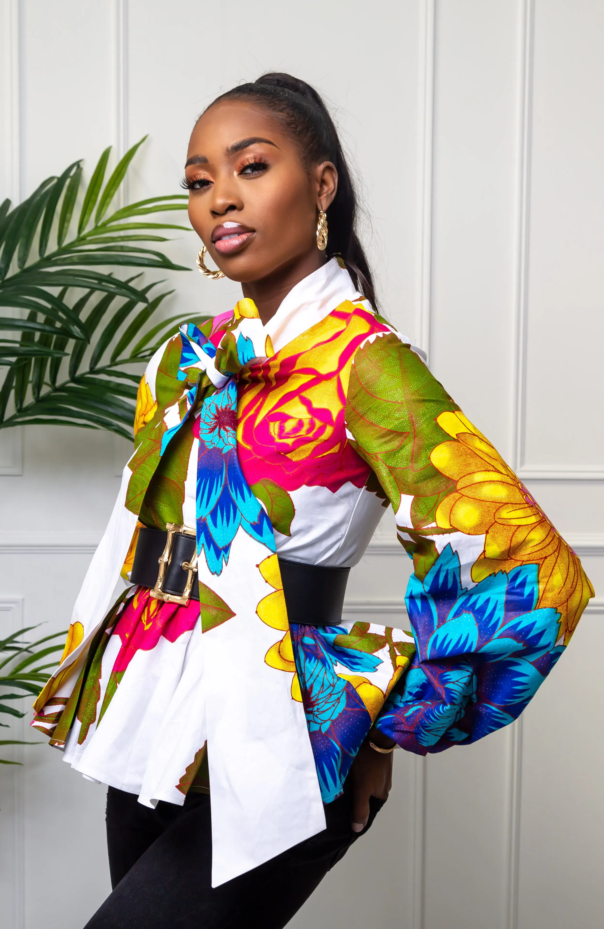 African Print Pussybow Peplum Blouse - THALIA