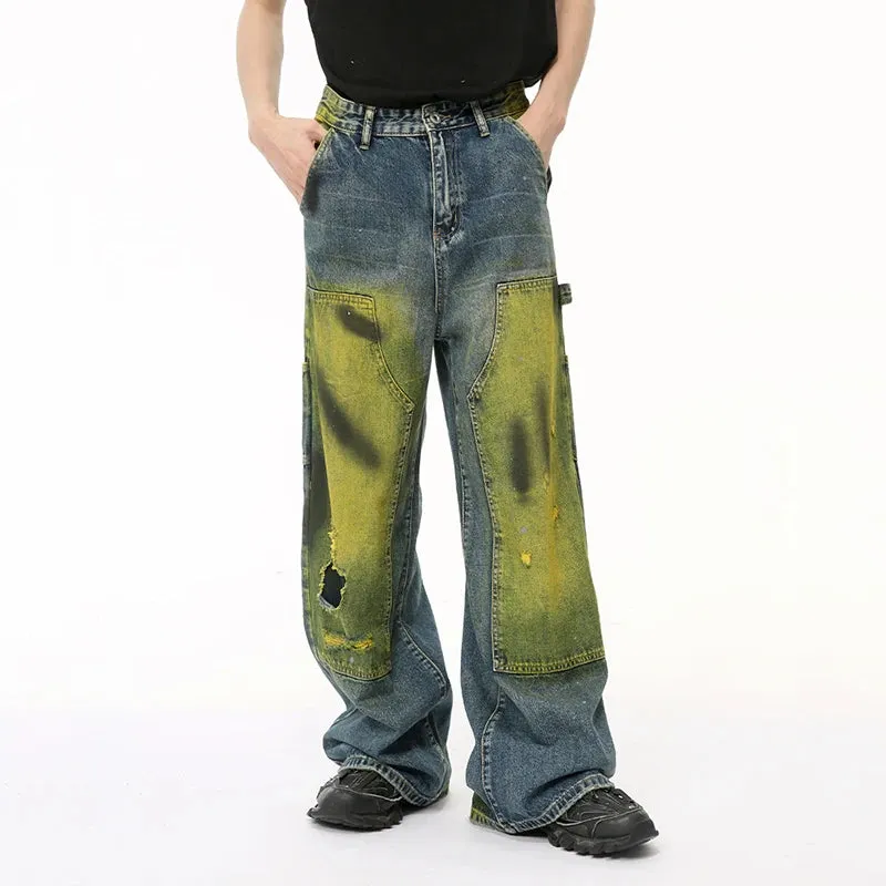 American Style Men's Jeans Worn-out Tie-dye Hole Casual Male Denim Pants Patchwork Contrast Color Menwear Tide 9C6512