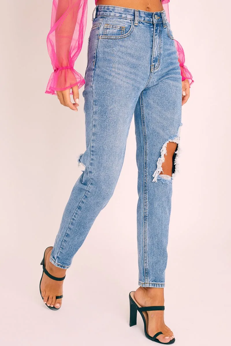 Blue Denim Back Leg Ripped Mom Jeans - Lujane