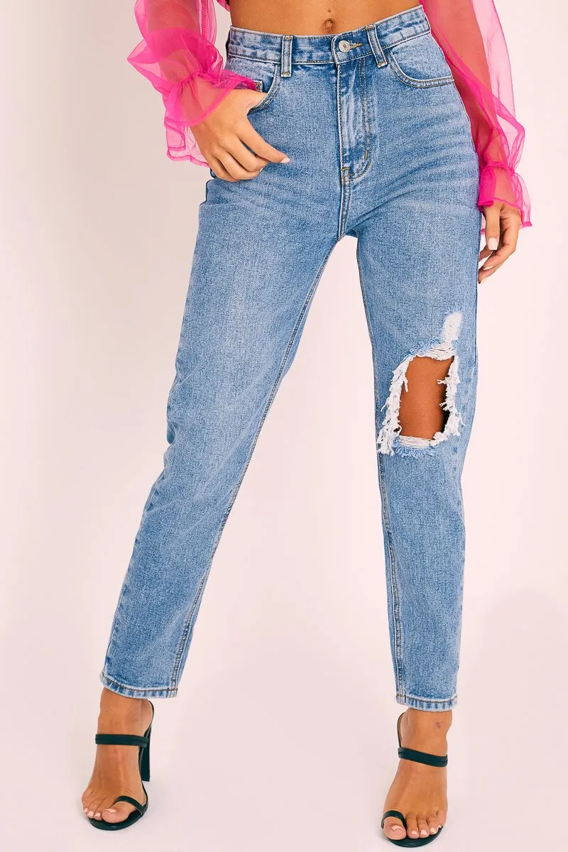 Blue Denim Back Leg Ripped Mom Jeans - Lujane