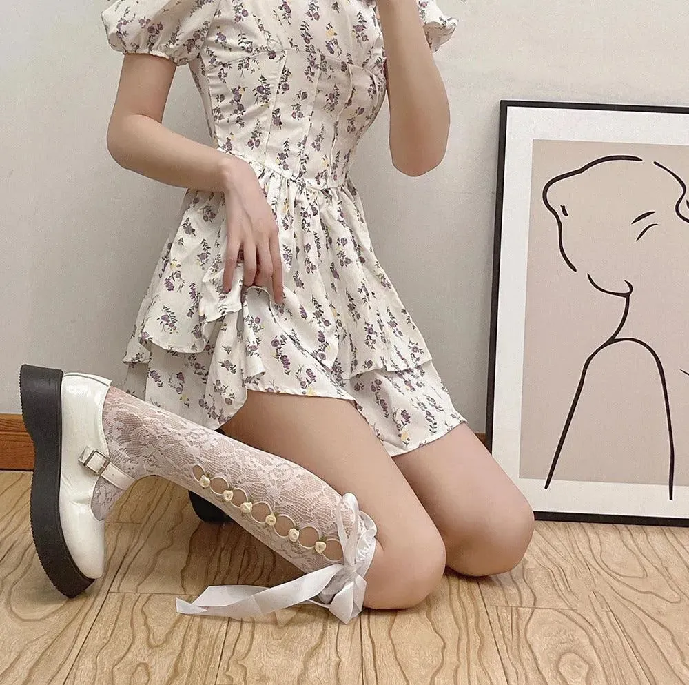 Cutout Lolita Knee High Socks With Ribbon and Flower | Lolita Outfits