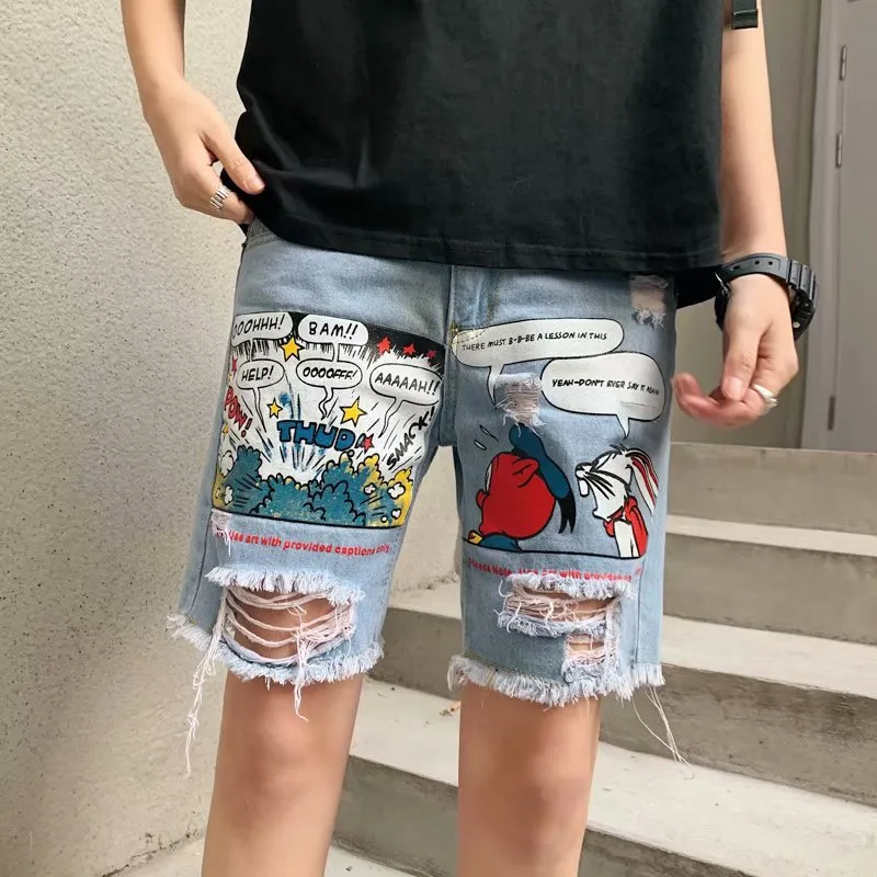 Denim Shorts Men's Summer Trendy Hong Kong Style Loose Straight Men's Short Pants Ripped Denim Middle Pants Simple Men's Fashion