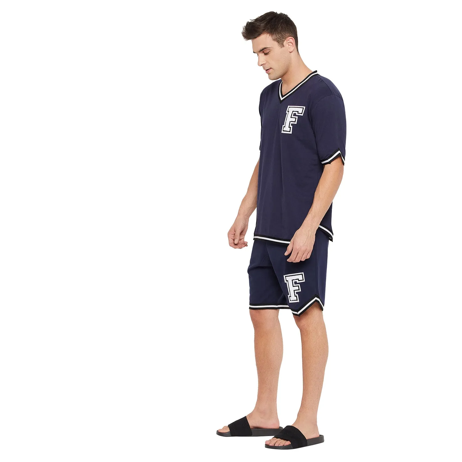 Navy Oversized Varsity Basketball Tshirt And Shorts Clothing Set