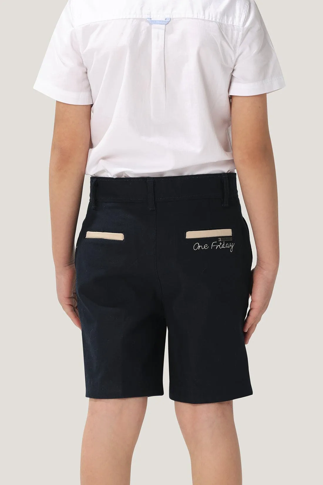 One Friday Kids Boys Navy Blue Stretchable Cotton Embroidered Shorts With Pockets