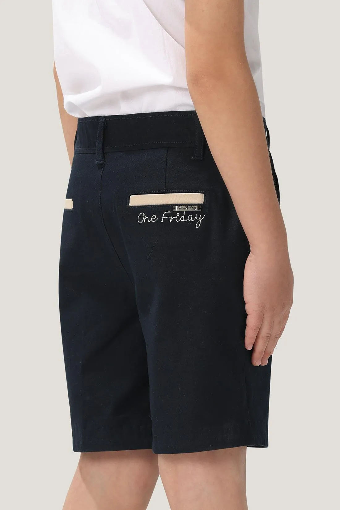 One Friday Kids Boys Navy Blue Stretchable Cotton Embroidered Shorts With Pockets