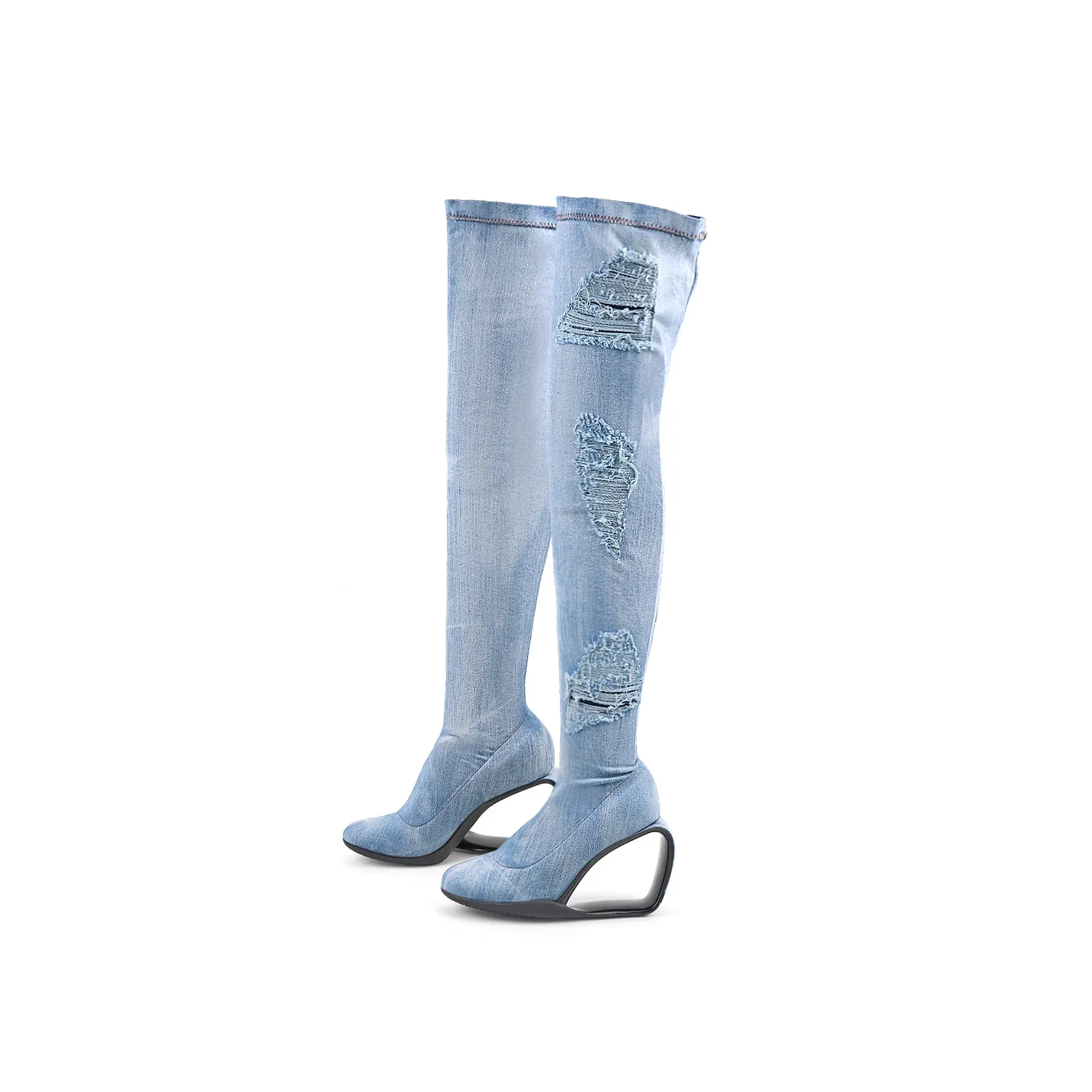 Over-The-Knee Ripped Denim Boots