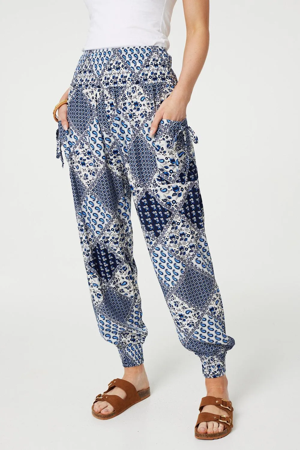 Patchwork Print High Waist Harem Pants