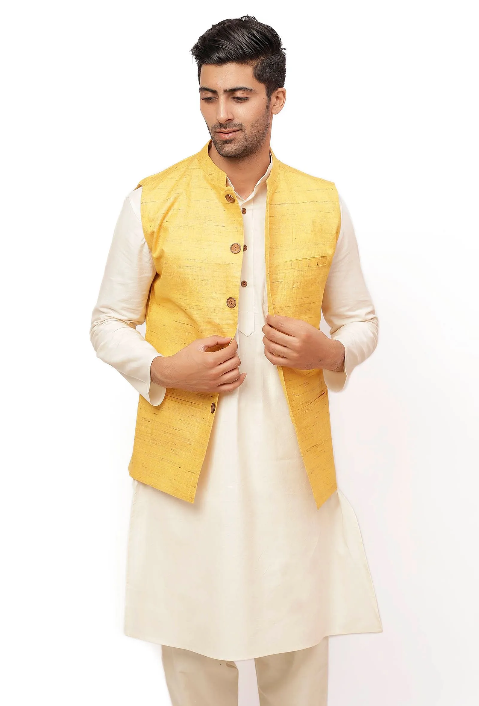 Tuscan Yellow Ghicha Silk Nehru Jacket