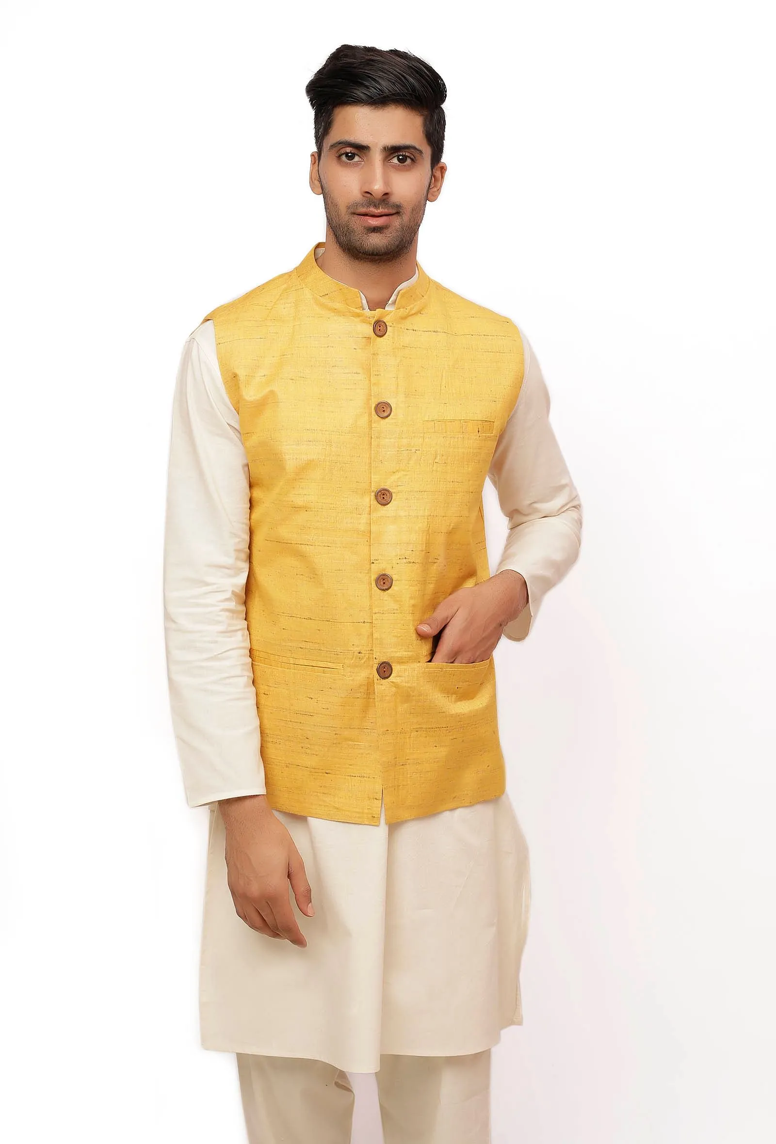 Tuscan Yellow Ghicha Silk Nehru Jacket