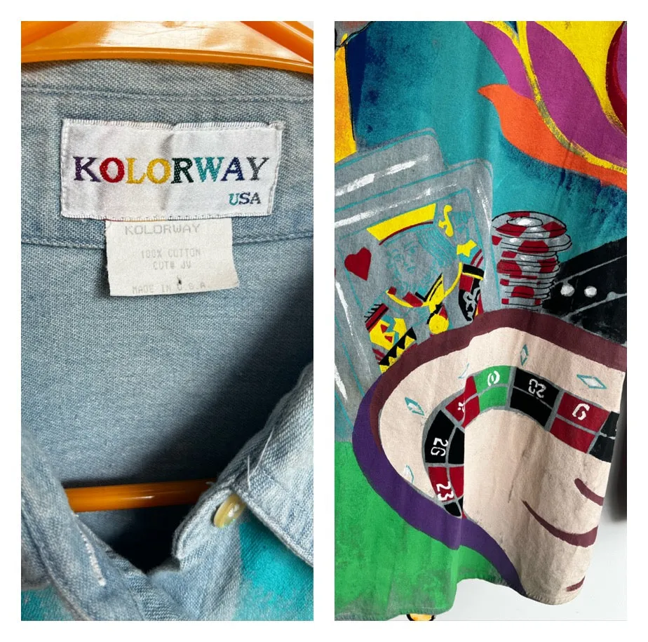 Vintage 80s 90s | Denim Hand Painted Kolorway Las Vegas Shirt or Jacket | XXL