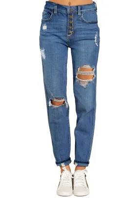 Women's Dark Blue Ripped Distressed Denim Jeans