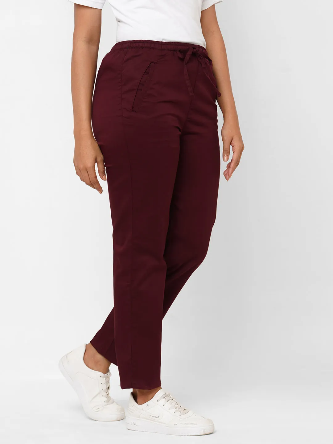 Women's Maroon/Red Cotton Lycra Regular Fit Pant