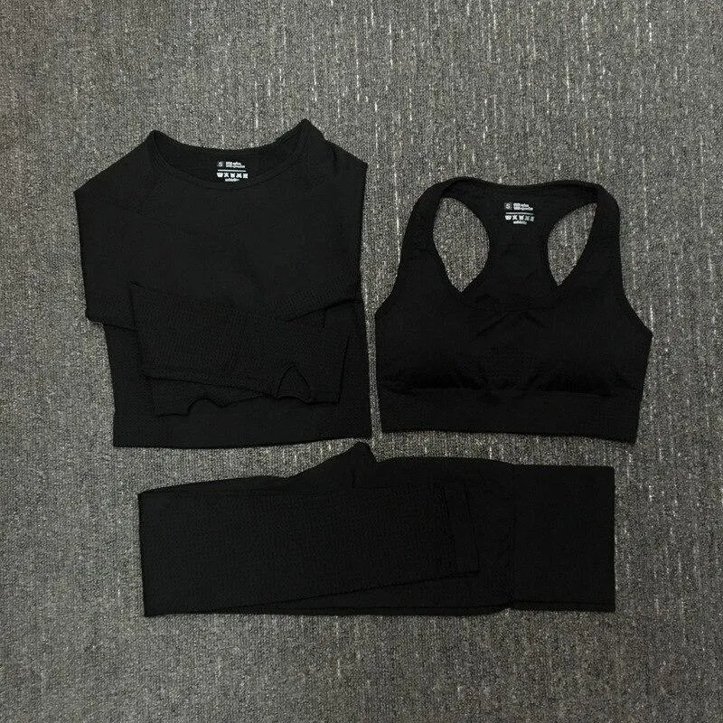 Yoga Sets Seamless Long Sleeve Crop Top High Waist Gym Fitness Leggings For Women